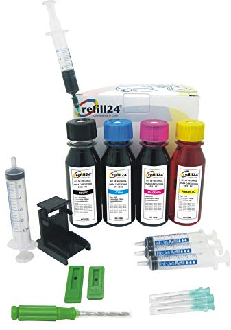 refill24 Nachfüllset: Nachfülltinte 400 ml kompatibel für Druckerpatronen Canon PG-510 PG-512 CL-511 CL-513 Schwarz und Farbe + Zubehör + Anleitung, Refillset mit Druckertinte für Pixma MP MX