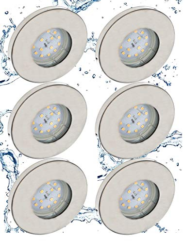Trango 6er Set IP44 LED Einbaustrahler 6729IP-062MOSD aus Edelstahl gebürstet in Rund incl. 6x 5 Watt 3 Stufen dimmbar LED Modul 3000K warmweiß Ultra flach für Bad, Außen, Deckenstrahler, Einbauspot