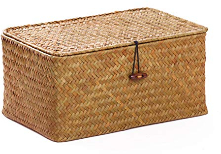 Seagrass Cestas Mimbre Decoración Cesto de Almacenaje Con Tapa Rectangular Tejido de Ratán Caja con Tapa (Pequeño 26cmx14cmx11cm H)
