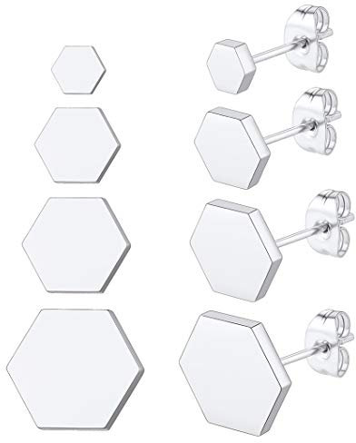 Richsteel Edelstahl 4 Paar Ohrstecker Set Hexagon Ohrstecker Punk Ohrstecker mit Geschenkebox für Weihnachten Valentinstag