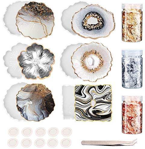 Silikonform Untersetzer, 20PC Epoxidharz Formen Set Silikonform Harz Großen Silikon Formen Epoxid Resin Mold Gießformen DIY Kunstharz Gieße Art Achat 3 Blattgold