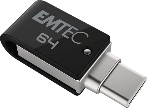 EMTEC Clé USB 64 Go Dual T260C Mobile&Go -Clef USB 3.2 Pivotante -USB Stick Dual USB-A/USB-C -Système d'Accroche Pivotant à 360°- Vitesse de Lecture 180MB/s Max - Vitesse d'Écriture 15MB/s Max - EMTEC