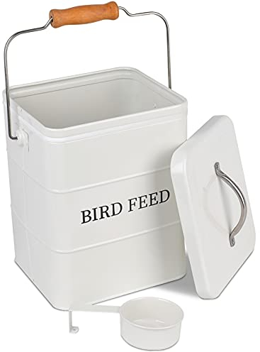 DEAYOU 2L Pet Food Storage Tin with Lid, Metal Bird Seed and Feed Container with Serving Scoop, Treats Storage Canister Bin Can for Dogs, Cats Food, Coated Carbon Steel, Tight Fitting Lid, White