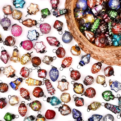 Indisches Regal 25 Glas Vintage Weihnachtsschmuck Set Retro Glas Weihnachtskugel Ornamente Mini Weihnachtsbaum Dekorationen Antike Ornamente Set Mit Geschenkbox