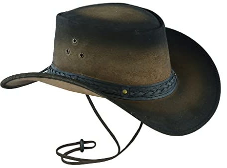 Leatherick Australian Cowboy Unisex Western-Stil zweifarbig Schwarz Braun Outback Echtes australisches Leder Buschhut (as3, Alpha, xx_l, 2XL)