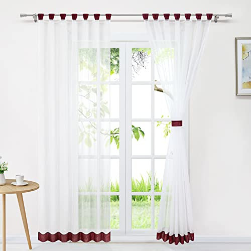 Delien Voile Gardine Transparent Vorhang Gardinenschals Modern Schlaufenschal Fensterschal Wohnzimmer Fenster Gardinen Farbnähte Vorhänge mit Schlaufen 1 Stück BxH 140x225cm,Weinrot