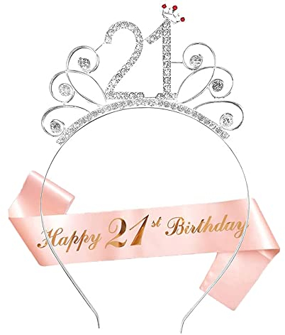 HCRXVV 21.Geburtstagskrone Schärpe Junggesellinnenabschied Set für 21 jahre Geburtstag Mädchen Deko,Kristall Kronen Haar-Zusätze Roségold Geschenk für Birthday Girl Frauen Erwachsene