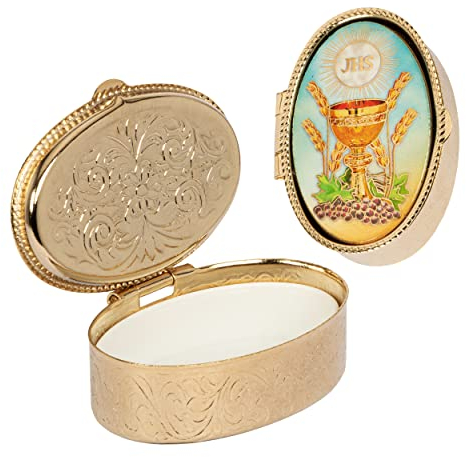 NKlaus Metall Etui Gold 5x3,5cm oval Rosenkranz Dose Kelch Motiv Firmung Kommunion 2545
