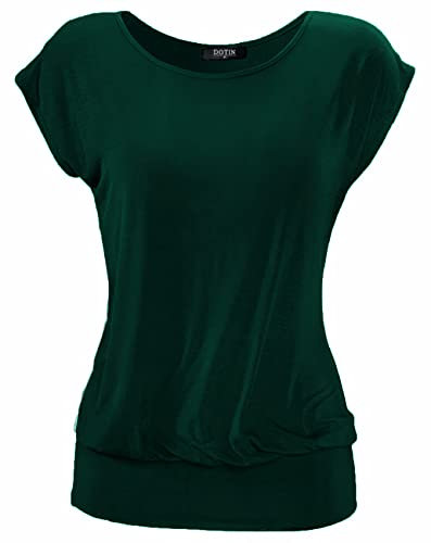 DOTIN Damen T-Shirt Rundhals Kurzarmshirt Allover Durck Stretch Tunika Casual Oberteil Bluse Tops, Dunkelgrün, XXL