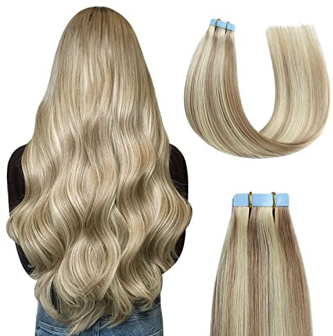 Sunya Tape in Extensions Echthaar 50cm Blond Gerade Nahtlos Haut Tape in Echthaarverlängerungen Aschblond Highlight mit Bleichblond Klebeband in Hair Extensions #P18/613 50g 20pcs