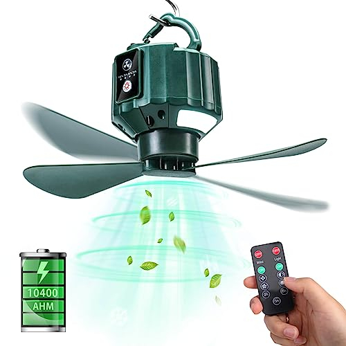 DUKUSEEK Tent Ceiling Fans for Camping, 10400mAH Large Capacity Portable Hanging Tent Fans with Light and Remote Control, USB Battery Operated Camping Fan for Canopy Tent Beach army green