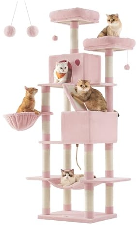 Feandrea Kratzbaum groß, 206 cm hoch, XXL Katzenbaum, mit 13 Kratzsäulen, 2 Plattformen, 2 Höhlen, Korb, Hängematte, Plüschbälle, mehrstöckiger Katzenkratzbaum, pastellrosa PCT190P01