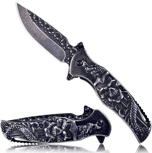 MADSMAUG Taschenmesser, cool Klappmesser mit 3D Titanplattiert Prägen Reliefgravur, gute Weihnachten Geschenk Edc Messer für Männer Outdoor Überleben Camping (schwarz)