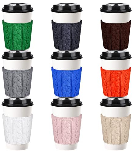 Hushee 9 Pcs Knitted Coffee Cup Cozy Sleeve Reusable Coffee Mug Cozy Crochet Elastic Coffee Cup Sleeves Travel Mug Sweater for Coffee Tea Ice Hot Drink for Women Men Gift, 9 colors, DUN-HUSHEE-943