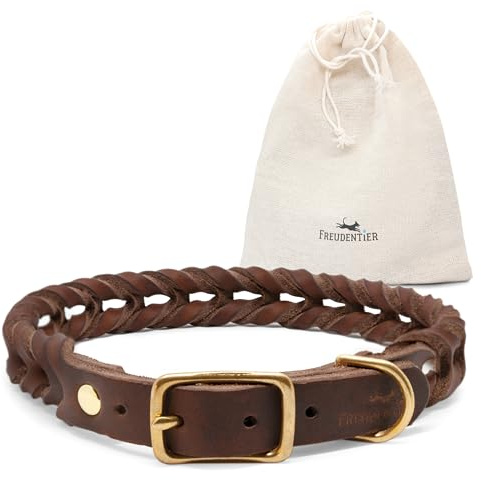 FREUDENTIER Hundehalsband geflochten aus Leder - Handmade in Holland - AlsterTwist Kollektion aus 100% Fettleder (35cm – 41cm Halsumfang, Chocolate)
