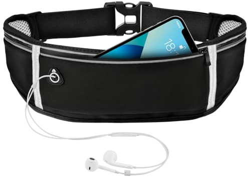 WuGU Laufgürtel, Lauftasche Jogging, Bauchtasche Wasserdicht, Running Belt Mit 3 Taschen, Verstellbare Lauftasche Mit Nacht Reflexband und Kopfhöreranschluss für Gehen, Verstellbarem Gummiband