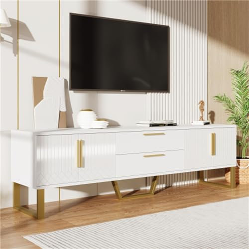 buiesjole Einfacher Retro-tv-Schrank Aus MDF-Platte, Vier Stauräume, Großer Tv-seitenschrank Mit Metallgriff, Wohnzimmer-Schlafzimmer-tv-Tisch(Color:Weiß)