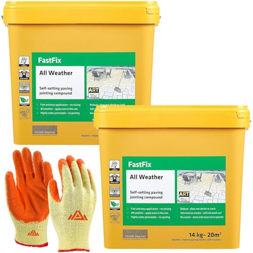 Fast Fix All Weather-Ready to Use, Self-Setting Paving Jointing Compound for Any Weather, Suitable for Stones Setts, Paving Block and Footpaths 15kg - 21 sq.m 2 pack with Gloves (Deep grey)