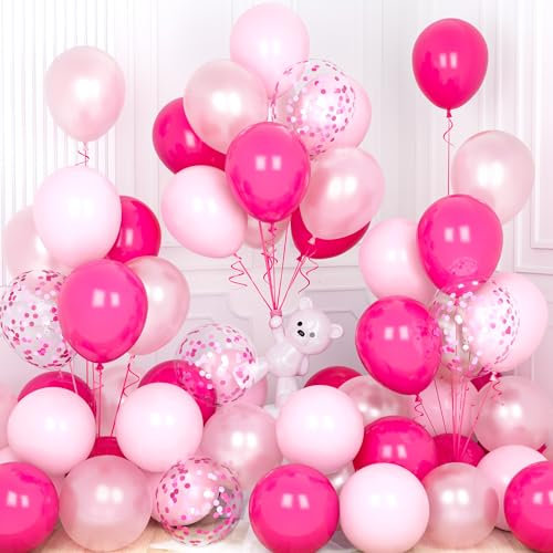 Ousuga Ballons Rose Vif, 30 Pièces 12 Pouces Rose Pastel Nacré Confettis Latex Hélium pour Fille Femmes Fête Anniversaire Mariage Baptême Baby Shower Douche Nuptiale Décoration