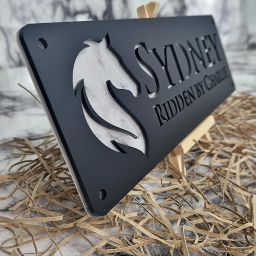 White Marble and Black Personalised Horse stable Pony laser cut name door plate sign (L6-Elegant Head)