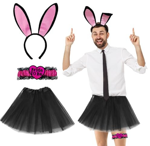 FUIPVGI 3 Pièces Hommes JGA Costume, Deguisement evg Homme, JGA Accessoires Déco Hommes, Bandeau Oreilles de Lapin, Tutu pour Jarretelles de Marié, Homme Accessoires Déguisement Mariée (Noir)
