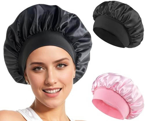 Loomify Cuffia Seta,Cuffia da Notte in Raso,Cappello per Capelli per Dormire Morbida e Confortevole,Berretto in Raso per Donna e Ragazza,Nero,Rosa,2 Pezzi (Nero,Rosa)