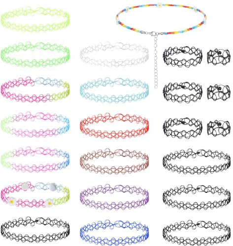 JIEYAO 23 Stück Choker Halskette Set, Stretch Tattoo Kette Elastische Halsband 17x Choker Gothic 3x Armbänder Schwarz 3x Ringe Bunte Neon Choker Kette 90er Jahre Accessoires für Mädchen Damen Kinder