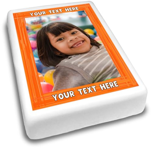 Cakeshop Portrait Personalisierte Essbare Tortendekoration Mit Orangem Rand & Text | Benutzerdefiniertes Bild & Text | Für Geburtstage & Feiern | Mehrere Formen & Größen | Zuckerguss & Oblatenpapier