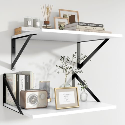 Feihorrm Regal Wand, Wandregal 2er Set mit Metall Halterung, Weiß Schweberegal, Tief 30 cm, Breit 40 cm Wandboard, Wandregal Holz für Wohnzimmer, Badezimmer, Küche, Weiß, 40 x 30 x 15 cm