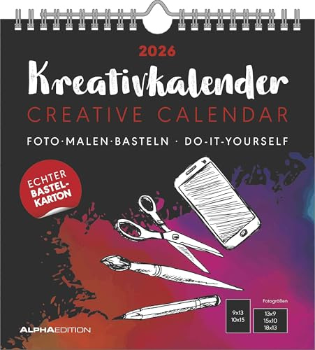 Alpha Edition - Kreativ-Kalender M Schwarz 2026 – Bastelkalender (21×22 cm) mit Platz für Fotos & individuelle Gestaltung, schwarzer Hintergrund, ideal zum Malen & Basteln