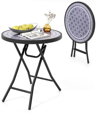 KOMFOTTEU Gartentisch aus gehärtetem Glas, 46 cm Beistelltisch klappbar mit Metallrahmen, runder Esstisch für Terrasse, Balkon, Seitentisch für Innen und Außen (Grau)