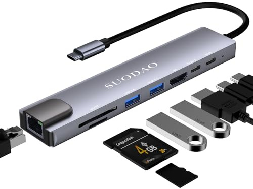 SUODAO Adaptador multipuerto USB C, base USB C 8 en 1 con pantalla HDMI 4K, 100 W PD, lector de tarjetas SD/TF, RJ45 Ethernet, USBA 3.0/2.0, estación de acoplamiento USB tipo C para MacBook Pro, Air,