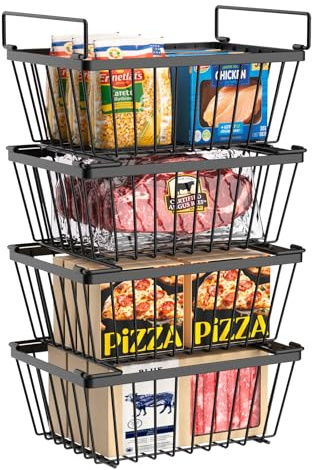 Wrrlors 4 Pack Freezer Organizers Bins,Black Stackable Food Baskets