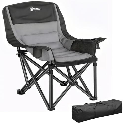 Outsunny Sedia da Campeggio Pieghevole con 2 Portabicchieri e Tasche Laterali, Sedia da Giardino in Tessuto Oxford e Metallo, Portata Fino a 120 kg, 99x71x103 cm, Grigio e Nero
