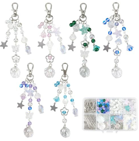 SUNNYCLUE 1 boîte de 274 kits de Fabrication de Porte Clés Océaniques Porte Clés Perles Étoiles de Mer Coquillage Étoile de Mer Perles D'Été Verre Acrylique Pierre de Lune Synthétique Espaceurs pour P