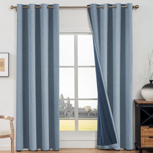 CYCMACO Verdunklungsvorhänge Falscher Leinen 2er Set, 140x225cm, Kälteschutz Thermovorhang, Vorhang Blickdicht Mit Ösen, Lärmschutzvorhang, Schallschutz Vorhang, Vorhänge Schlafzimmer, Blau