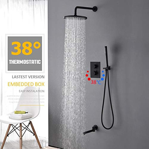 HCZKIUJY Robinet de Douche thermostatique à 3 Voies Noir Mat pour Baignoire, boîte de Douche Ronde encastrée, mitigeur thermostatique, Robinet de Baignoire pivotant (Ensemble de 8 Pouces)