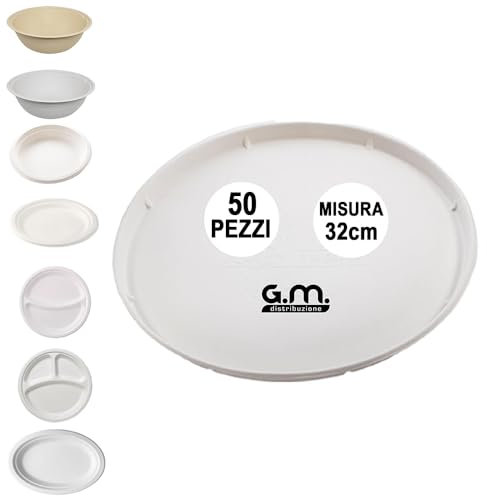 G.M. DISTRIBUZIONE 50 Piatti Pizza Bianchi in Polpa di Cellulosa 32cm, Ideale per Pizza, Piatti Impermeabili adatti al Microonde, Biodegradabili e Compostabili