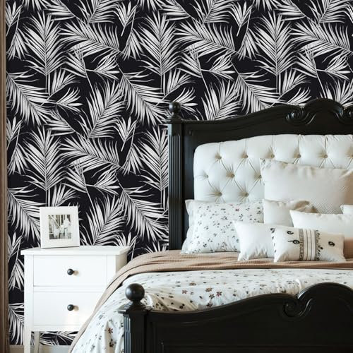 DERUINVAIO Peel and Stick Wallpaper Nature Seamless Hand Drawn Tropical Summer Black White Palm Tree Removable Wallpaper Contact Paper for Living Room Bedroom Bathroom Kitchen Countertop 60cm x 300cm