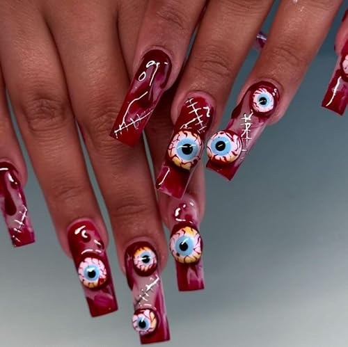 Unghie Finte Lunghe MouyouGlow,Ballerina Halloween Rosso Occhi Blood Horror Creepy Vampire Bloody Ferite Design Coffin Press on Nails con Colla,Red Eyeballs Scary Holiday Fake Nails