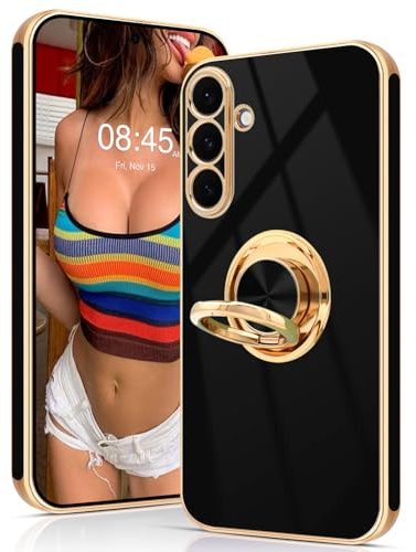 Tveinan for Samsung Galaxy S25 FE 5G Case with 360° Rotation Ring Holder Stand, Slim Soft Shockproof Cover with Magnetic Car Holder, Flexible TPU Kickstand Phone Case for Samsung S25 FE 5G - Black