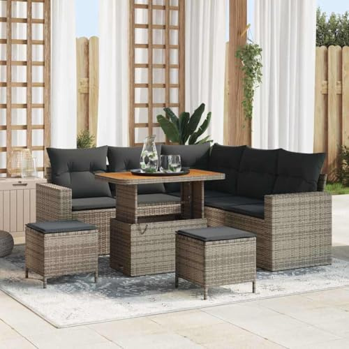Bucmath Gartensofa-Set 8-teilig, Grau Poly-Rattan, Modular, UV-beständig, mit verstellbarem Tisch, für Terrasse und Balkon, Bequeme Outdoor-Sitzgruppe