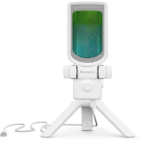 Genesis Radium 250 USB Microphone for Gaming & Streaming - Condenser Microphone with Cardioid Characteristic, RGB Light, Gain and Mute Button, 24bit/192kHz, Table Tripod & Pop Filter, White