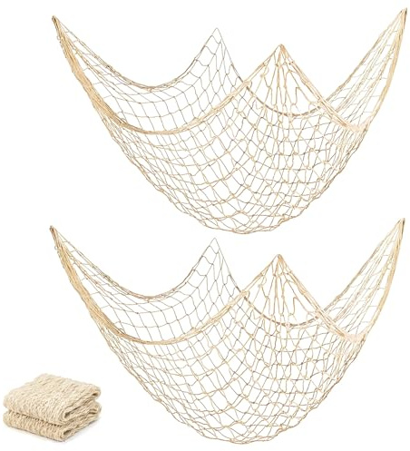 2 Stück Fischernetz Wanddekoration, Mittelmeerstil Baumwollseil Fotowand | 100 x 200 cm, Fischerei Dekorative, Fotowand Deko, Strandparty & Hochzeit, Wohnzimmer Deko