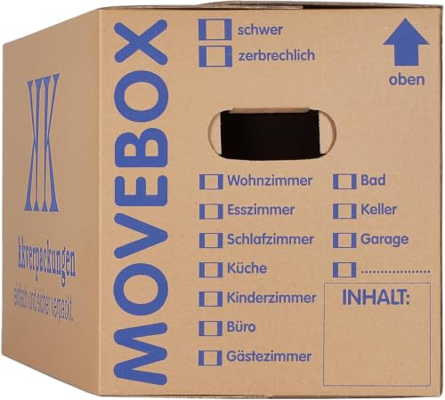 KK Verpackungen Umzugskartons 634 x 290 x 326 mm | 40 kg Tragkraft & 4-fach verstärkte Griffe | Umzugskisten in Profiqualität | Wiederverwendbare Umzugsboxen, 100 Stück