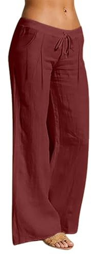 Pantalon Fluide Femme Été Coton Et Lin Pantalons Taille Basse À Jambe Large Pantalon Décontracté Pantalons De Sportive Ample Track Pants Léger Et Respirant Survêtement avec Cordon Serrage Et Poches