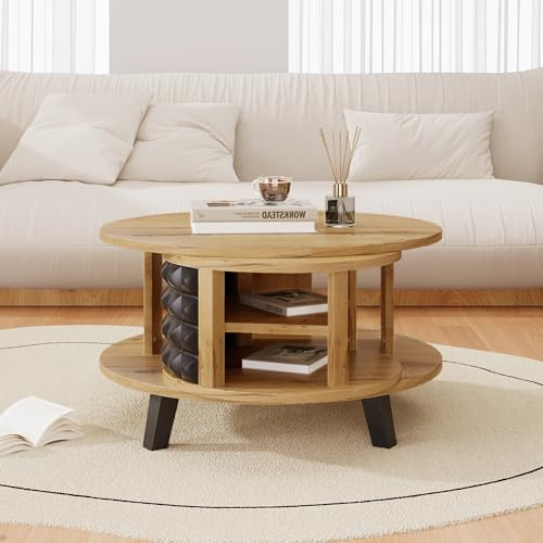 Anself Mesa de Centro Giratoria con Bandeja Doble, Diseño Moderno Bicolor, Almacenamiento Oculto de 360 Sala de Estar