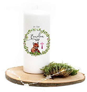 Taufkerze Kerze zur Taufe Fuchs Fuchsmama mit Junges Blätterkranz pinkes Kreuz Wunschname Spruch individualisierbar wk128 - ausgewählte Größe: *3. Gastkerze (ohne Taufspruch)*