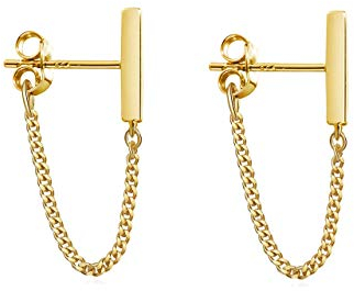Reffeer Ohrstecker aus massivem 925er-Sterlingsilber, minimalistische Bar-Ohrringe mit Kette, baumelnde Ohrringe für Damen (3cm Chain-Gold Plated)