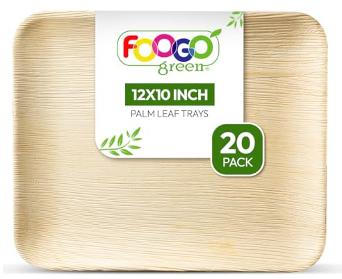 FOOGO Green 20 Plateaux de Service Jetables Feuille de Palmier, Grand 30x25 cm, Pizza, Entrées, Canapés, Planche Charcuterie, Robuste et Ecologique, Comme Plateaux en Bois, pour Plats Chauds